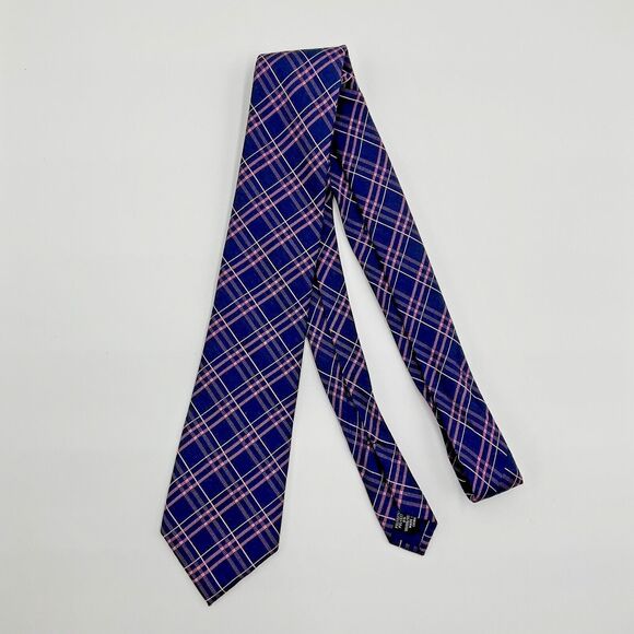 Michael Kors Plaid Necktie Tie‎ Navy Blue Pink Silk Blend - Picture 2 of 6